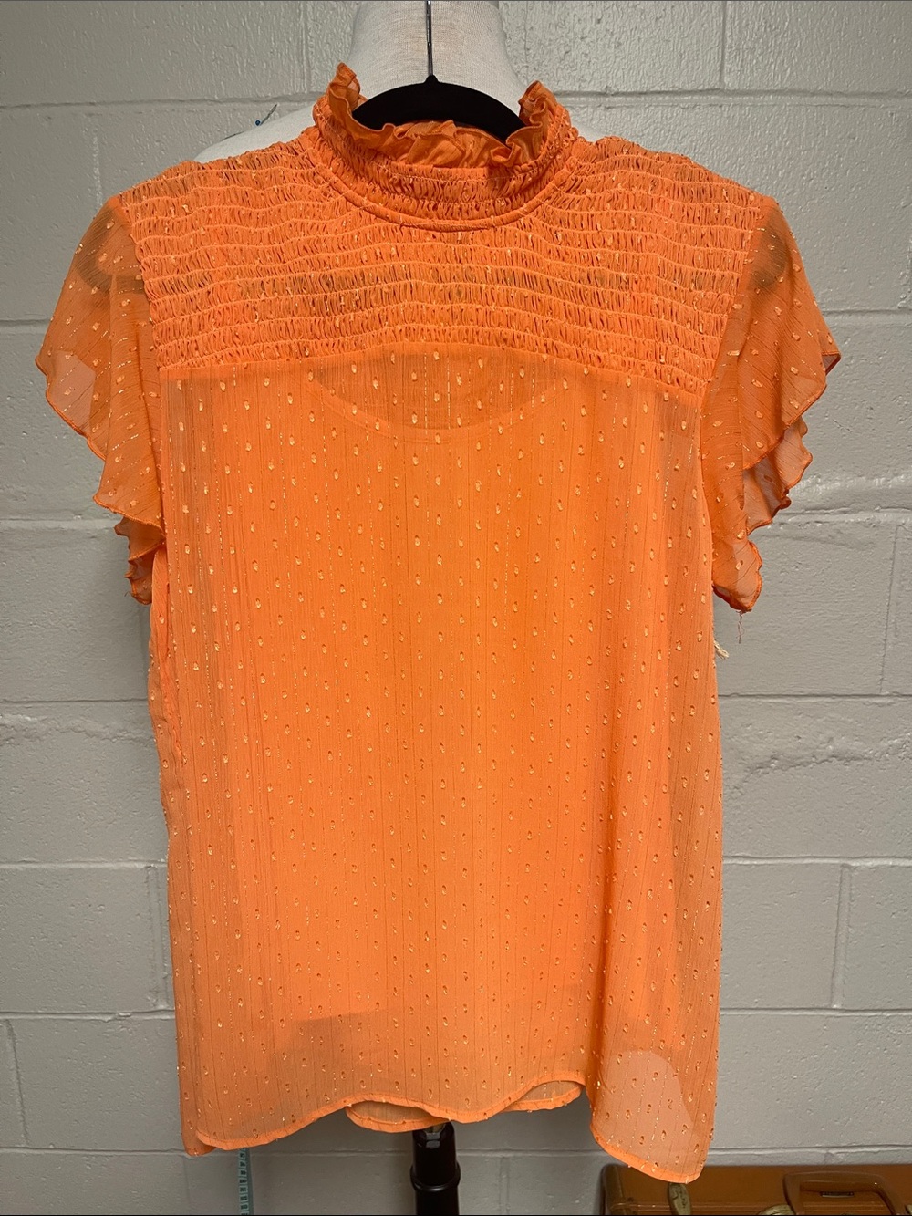 Double D Ranch Bright Orange Ruffle Mock-Neck Flutter Sleeve Blouse